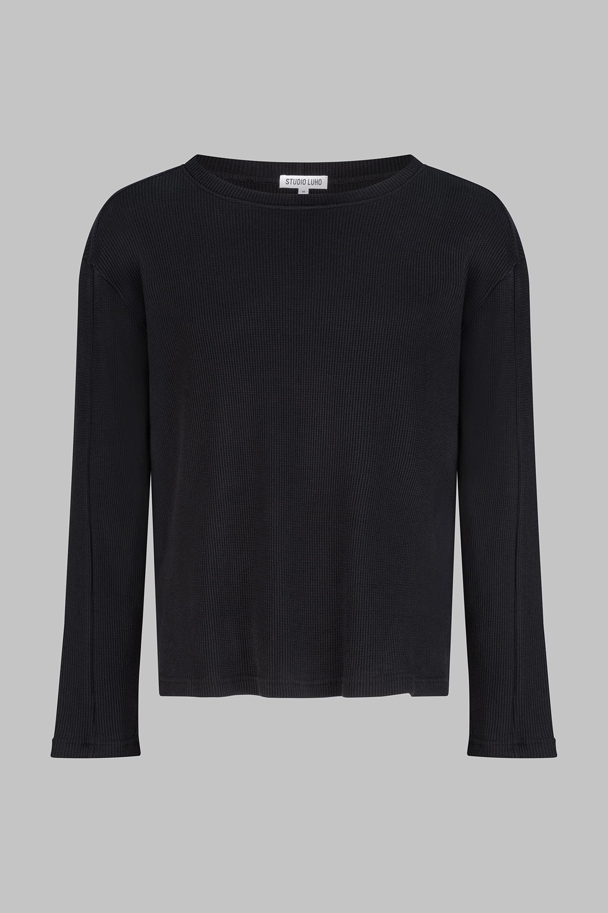 LONG SLEEVE ORGANIC COTTON WAFFLE CREW - BLACK