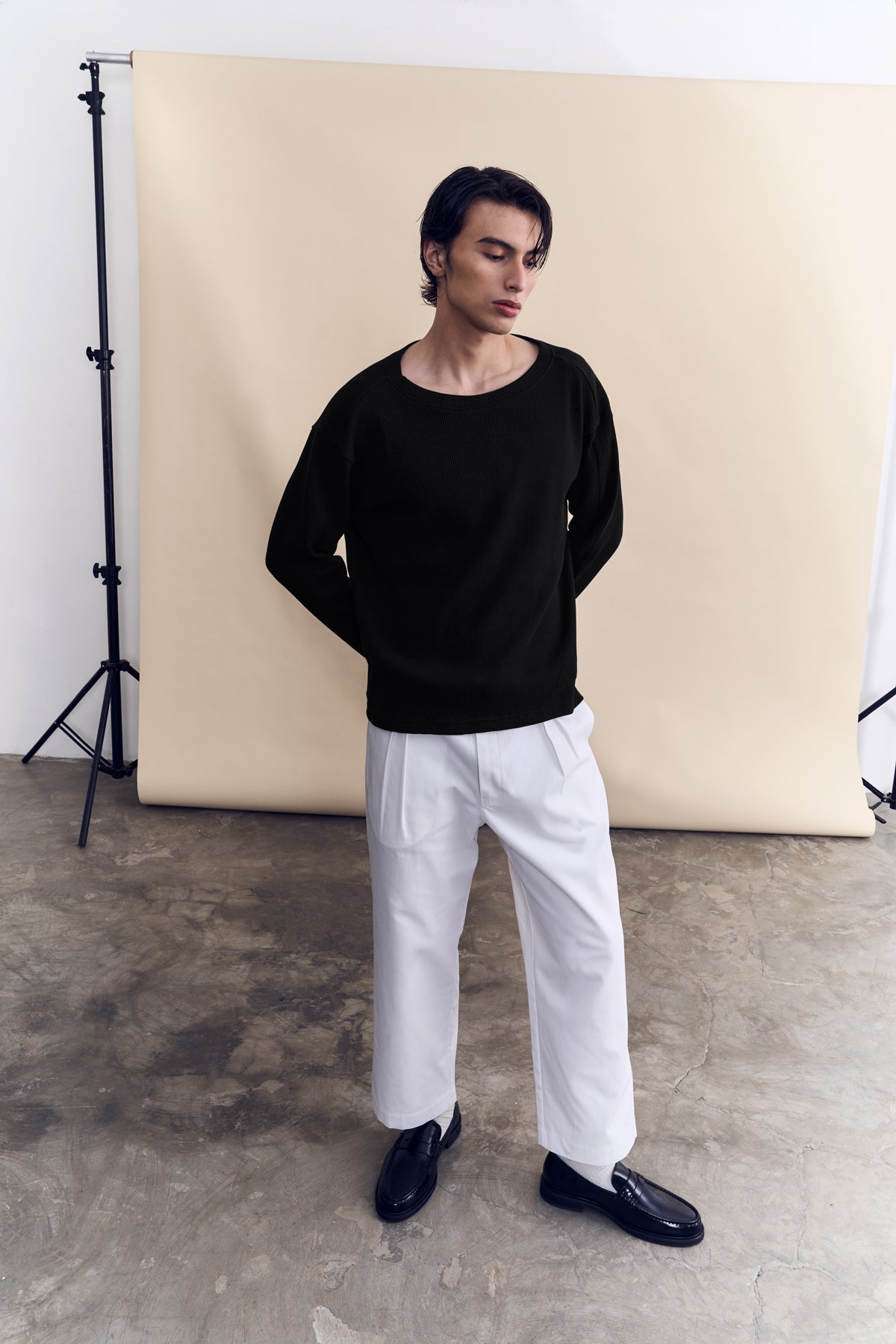 Long Sleeve Organic Cotton Waffle Crew - Black