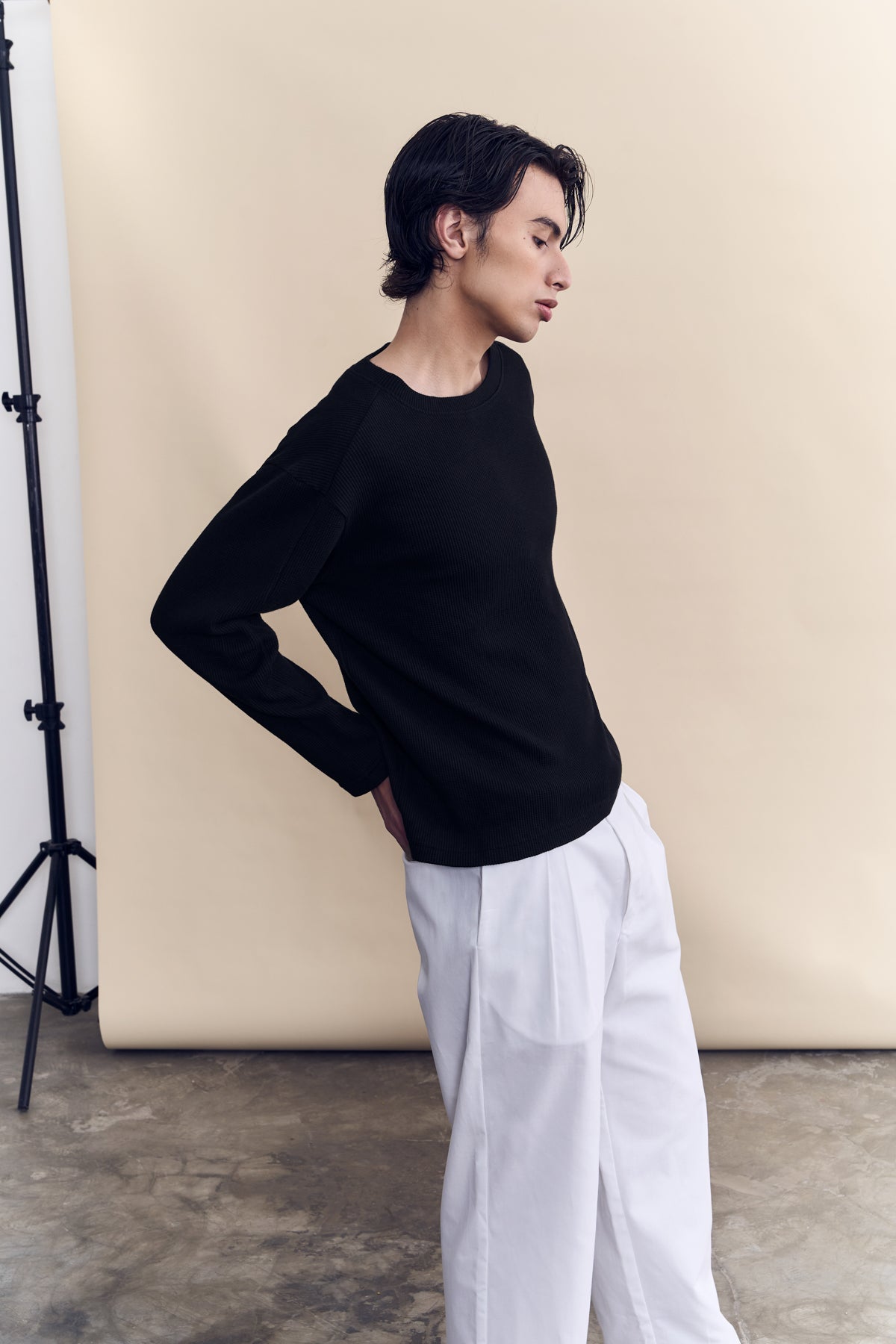 Long Sleeve Organic Cotton Waffle Crew - Black