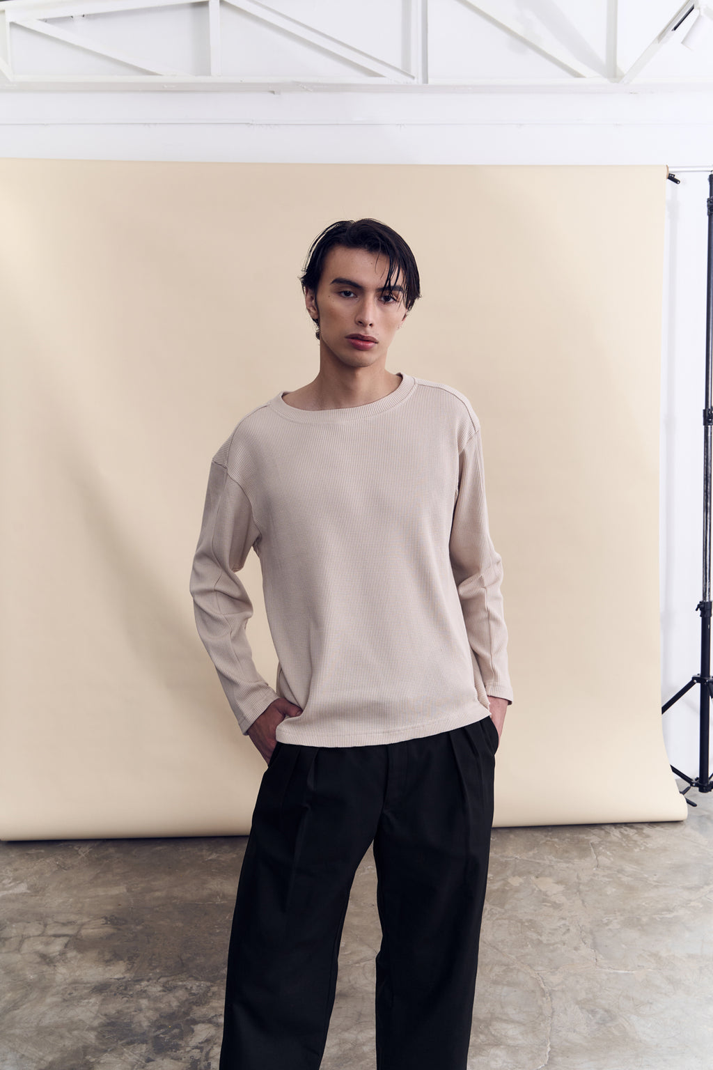 Long Sleeve Organic Cotton Waffle Crew - Sand