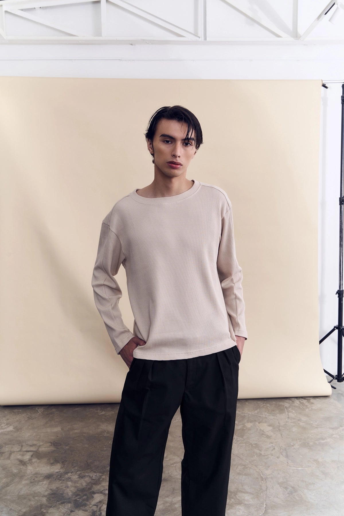 LONG SLEEVE ORGANIC COTTON WAFFLE CREW - SAND