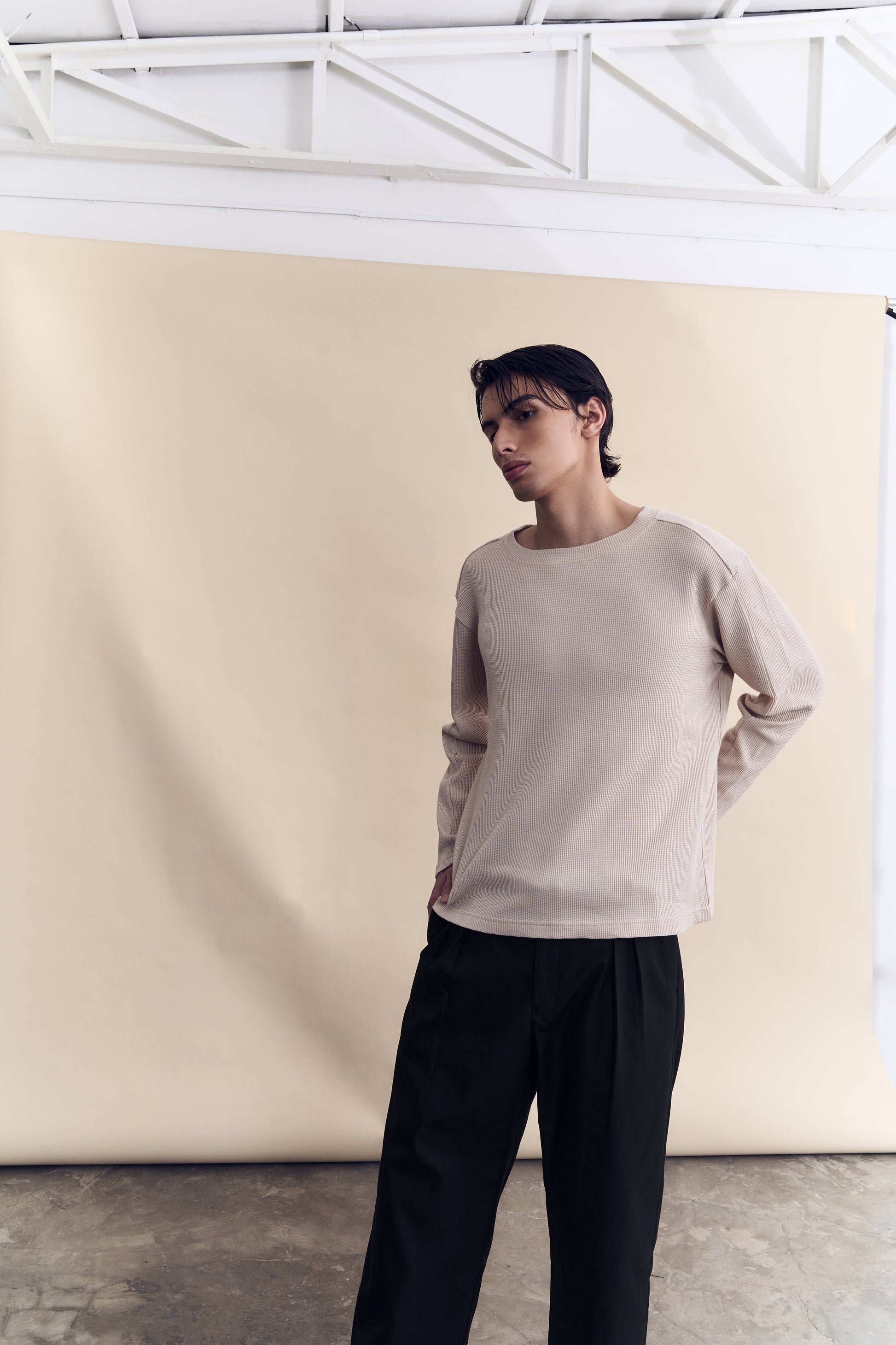 Long Sleeve Organic Cotton Waffle Crew - Sand
