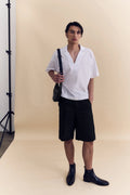 Front view of the Studio Luho short sleeve work shirt in white cotton poplin.