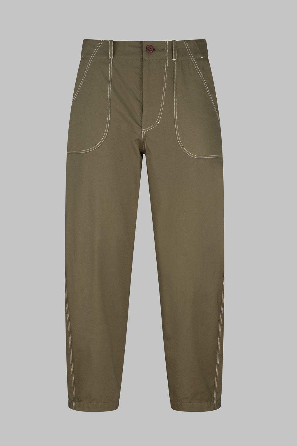 Olive Green fatigue trousers on a grey background, showing the front detail, with exposed topstiching.