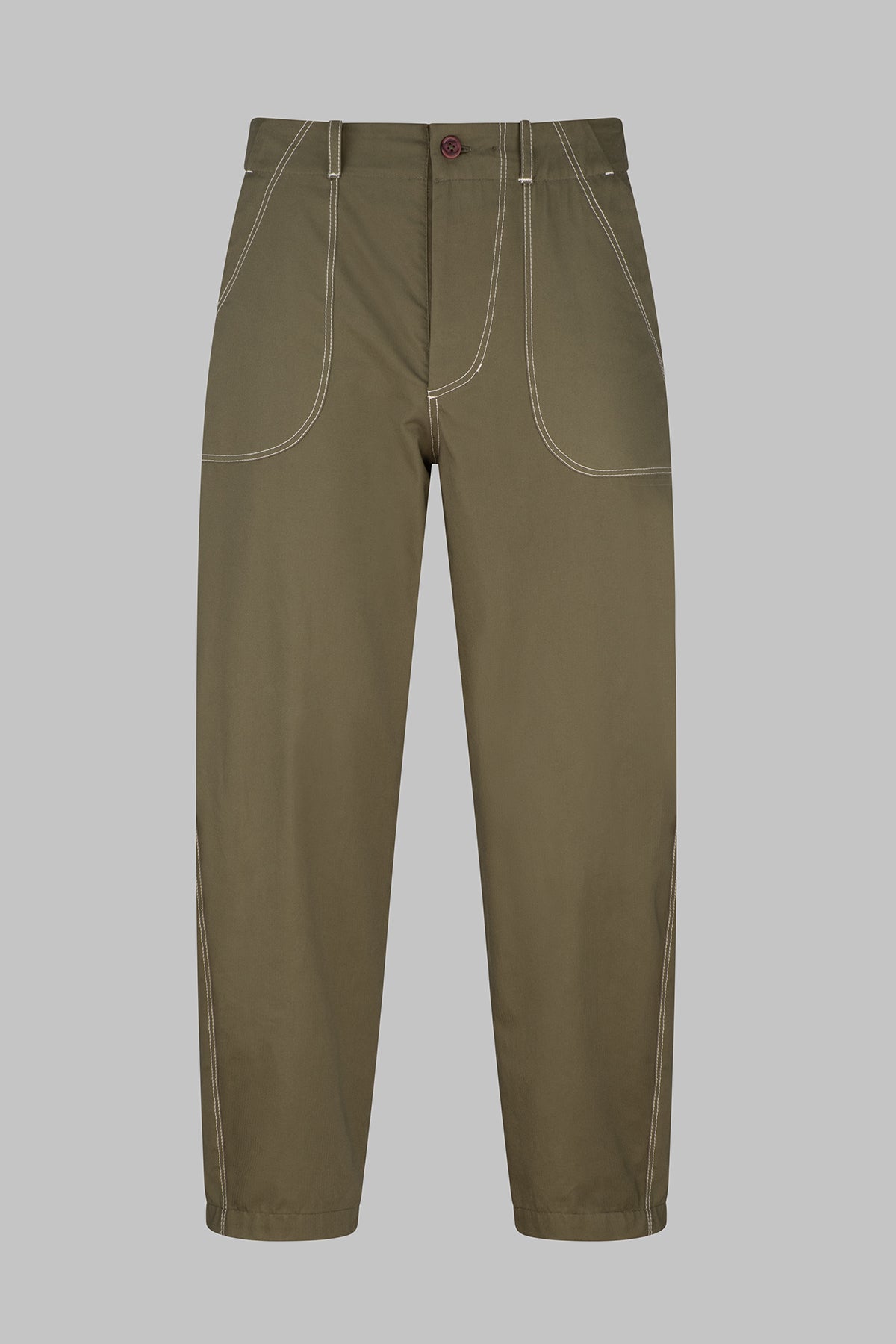 Olive Green fatigue trousers on a grey background, showing the front detail, with exposed topstiching.