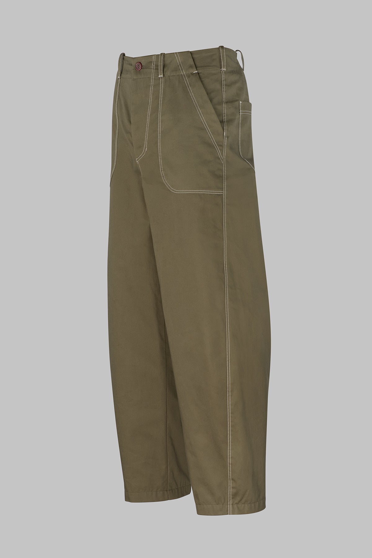 A pair of barrel-leg, cropped fatigue trousers in olive green with contrasting light beige stitching, shown against a solid gray background.