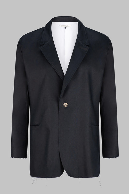 Front view of the Studio Luho deconstructed European linen blazer in black.