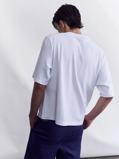 Model wearing the Studio Luho heavyweight foundation tee, made in Melbourne.