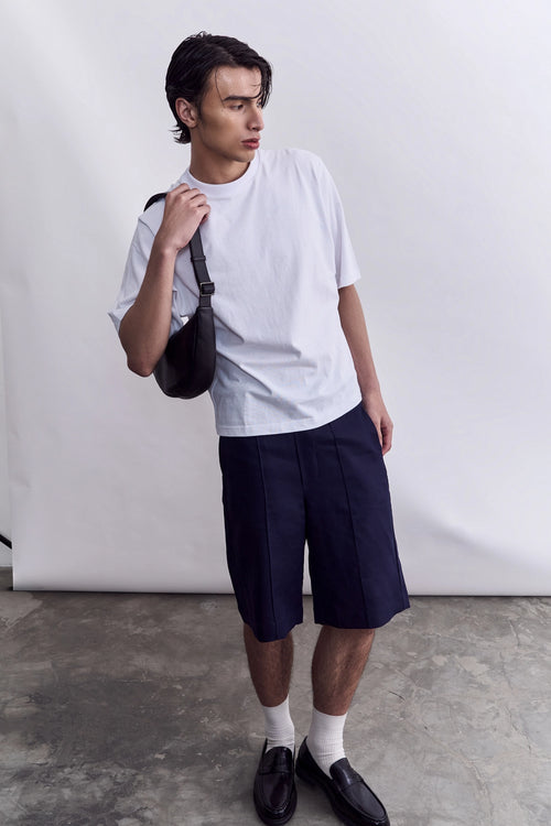 Model wearing the Studio Luho heavyweight foundation tee, made in Melbourne.