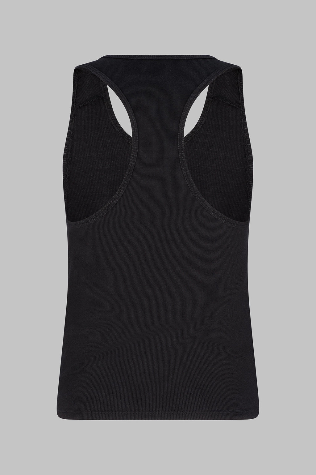 back view of the Studio Luho minimalist racerback tank in black organic cotton.