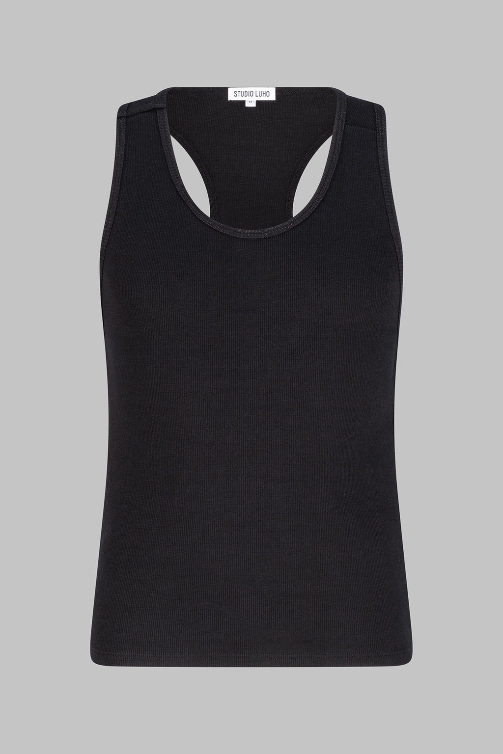Front view of the Studio Luho minimalist racerback tank in black organic cotton.