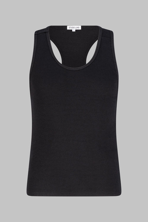 Front view of the Studio Luho minimalist racerback tank in black organic cotton.