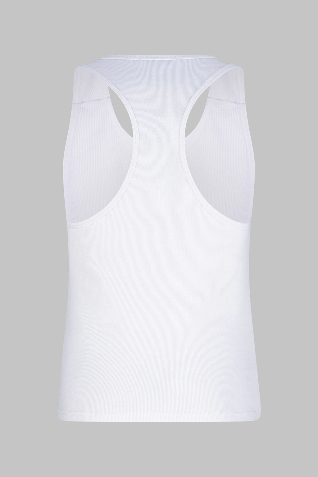 back view of the Studio Luho minimalist racerback tank in white organic cotton.