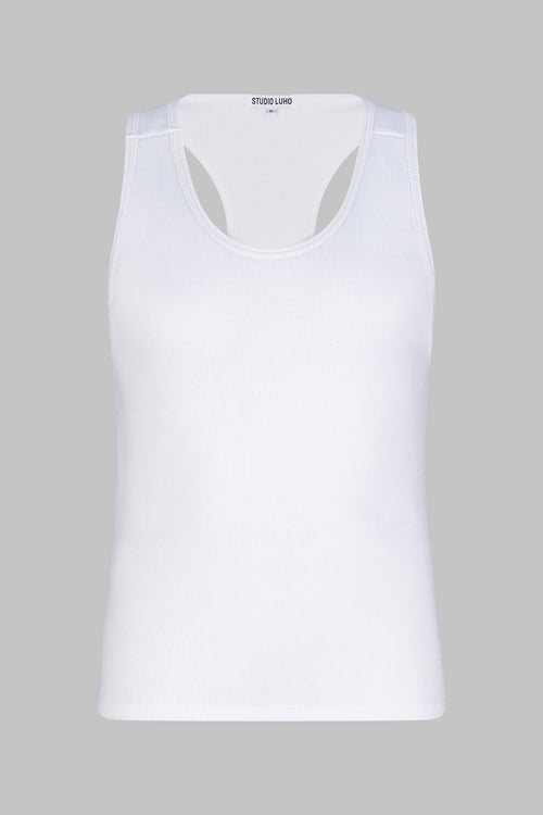 Front view of the Studio Luho minimalist racerback tank in white organic cotton.