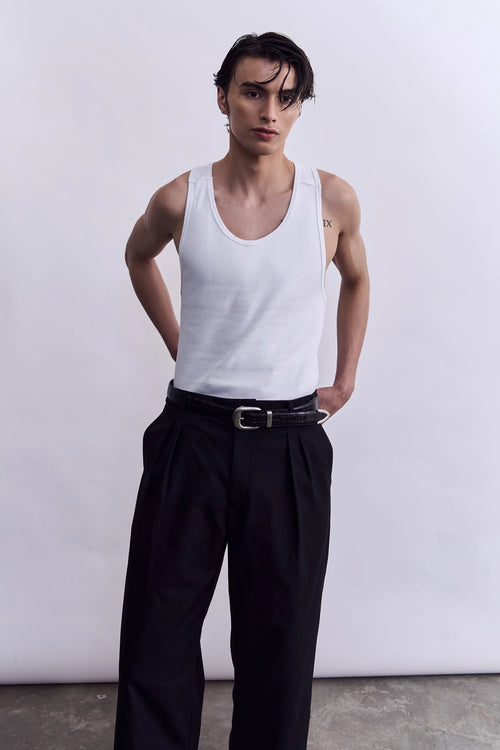 Model wearing the Studio Luho organic cotton tank top, made in melbourne.