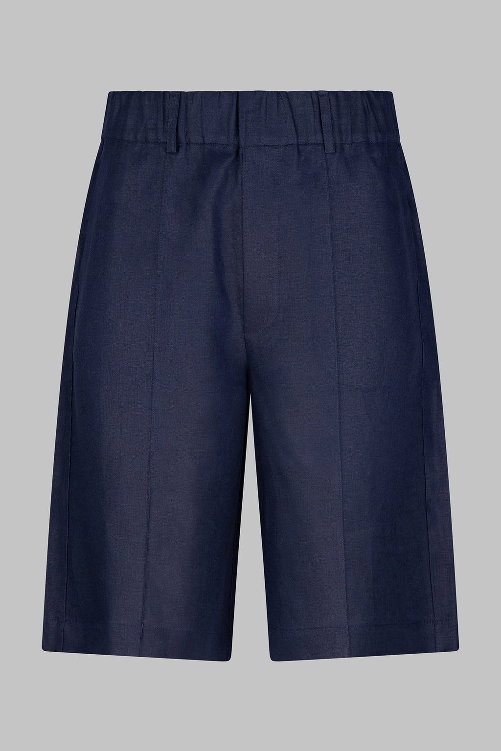Front view of the Studio Luho oversized European linen shorts in navy with a wide leg.
