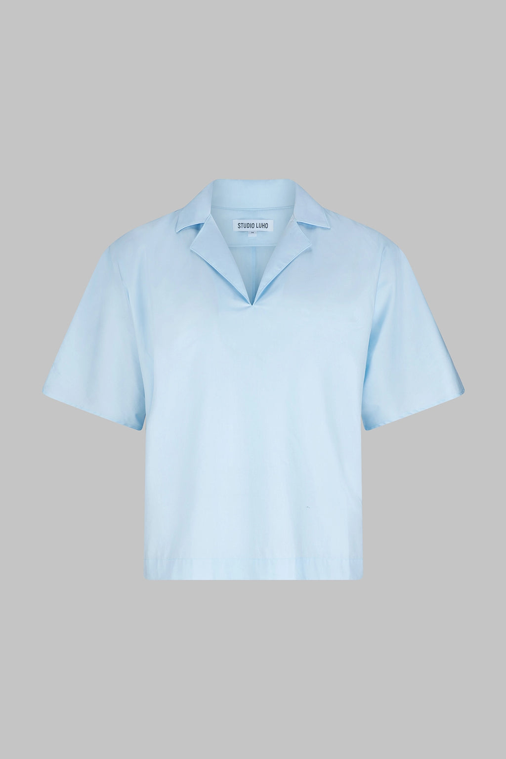 Front view of the Studio Luho short sleeve cotton work shirt in light blue, made in Melbourne.